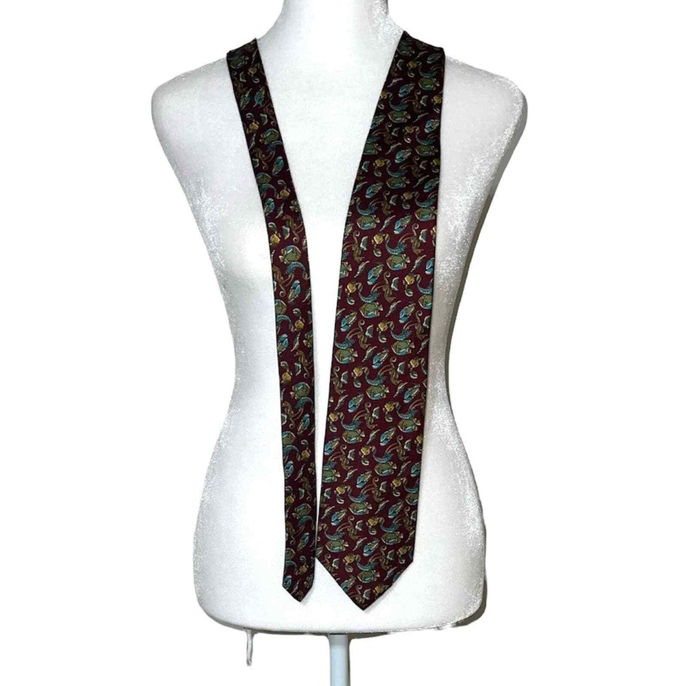 Christian Dior Monsieur Silk Tie Mens OS Burgundy Seahorse Crab Fish